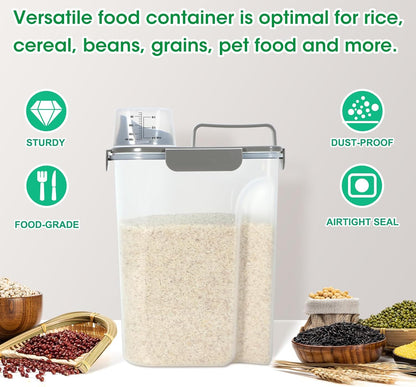 TBMax Airtight Rice Container 10 Lbs, Cereal Dispenser, Pet Cat Dog Food Storage Container, Plastic Kitchen Pantry Food Storage Holder with Cup -Dark Grey