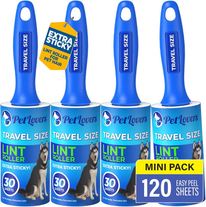 PetLovers Extra Sticky Lint Roller Mega Value Set for Pet Hair Removal and Clothes, Dog and Cat Lint Remover (Blue, 4 Pack Mini)