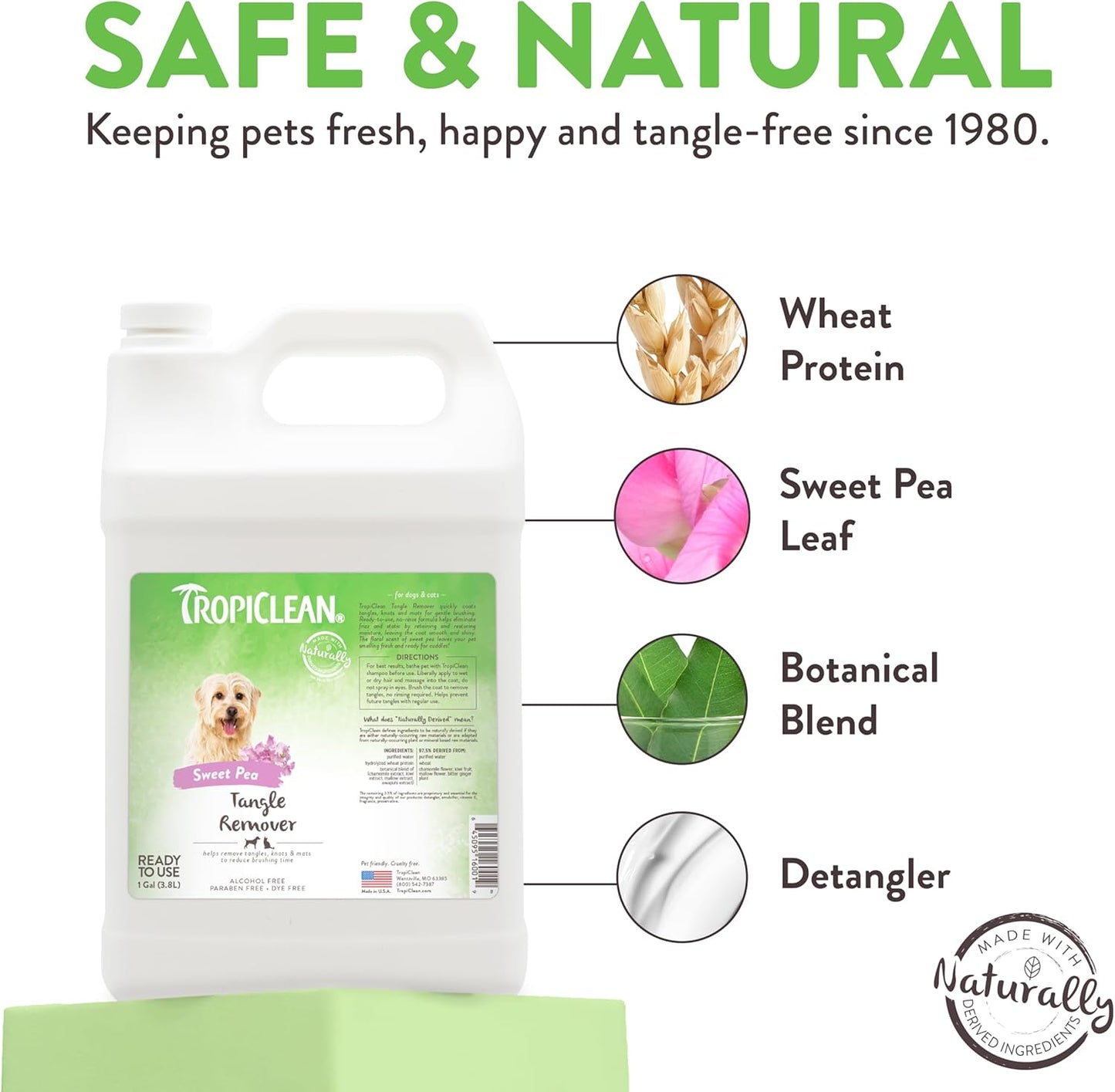 TropiClean Sweet Pea Cat & Dog Detangler Spray Dematting | Dog Conditioner Spray Derived from Natural Ingredients | Made in the USA | 1 Gallon