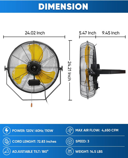 KEN BROWN 20 Inch Outdoor Wall Mount Fan, 3-speed IPX4 Waterproof, Max. 4,650 CFM Wall Mounted Fan for Outdoor, Commercial, Residential, Greenhouse, Workshop, Patio, Black, ETL Listed