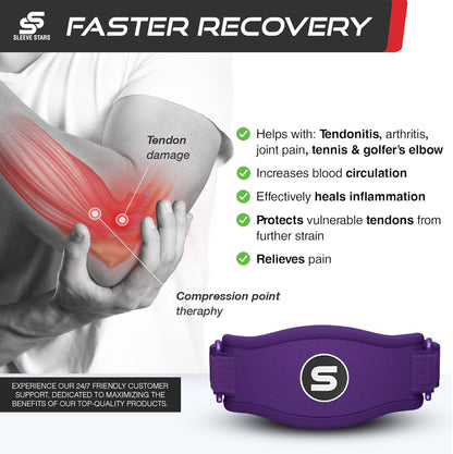 Sleeve Stars Tennis Elbow Brace for Women - Adjustable Tennis Elbow Strap, Golfers Elbow Brace for Men, Counterforce Brace for Tendonitis Relief, Fits 9"-23" (Pair/Dark Purple)