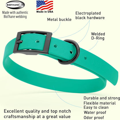 Dogline Biothane Waterproof Dog Collar Strong Coated Nylon Webbing with Black Hardware Odor- Proof for Easy Care Easy to Clean High Performance Fits Small Medium or Large Dogs, Teal