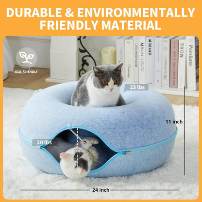 Jia Xi Cat Tunnel Bed and Hideout, Large Indoor Cat Condo with Cave (24 inch, Blue)