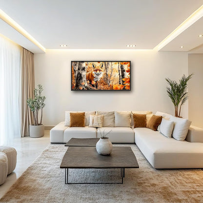 Large Fox Wall Art for Living Room, Framed Oversized Fall Autumn Forest Wall Decor Tree Maple Leaves Canvas Painting Modern Artwork for Living Room Bathroom Bedroom Office Dining Room 60"x30"