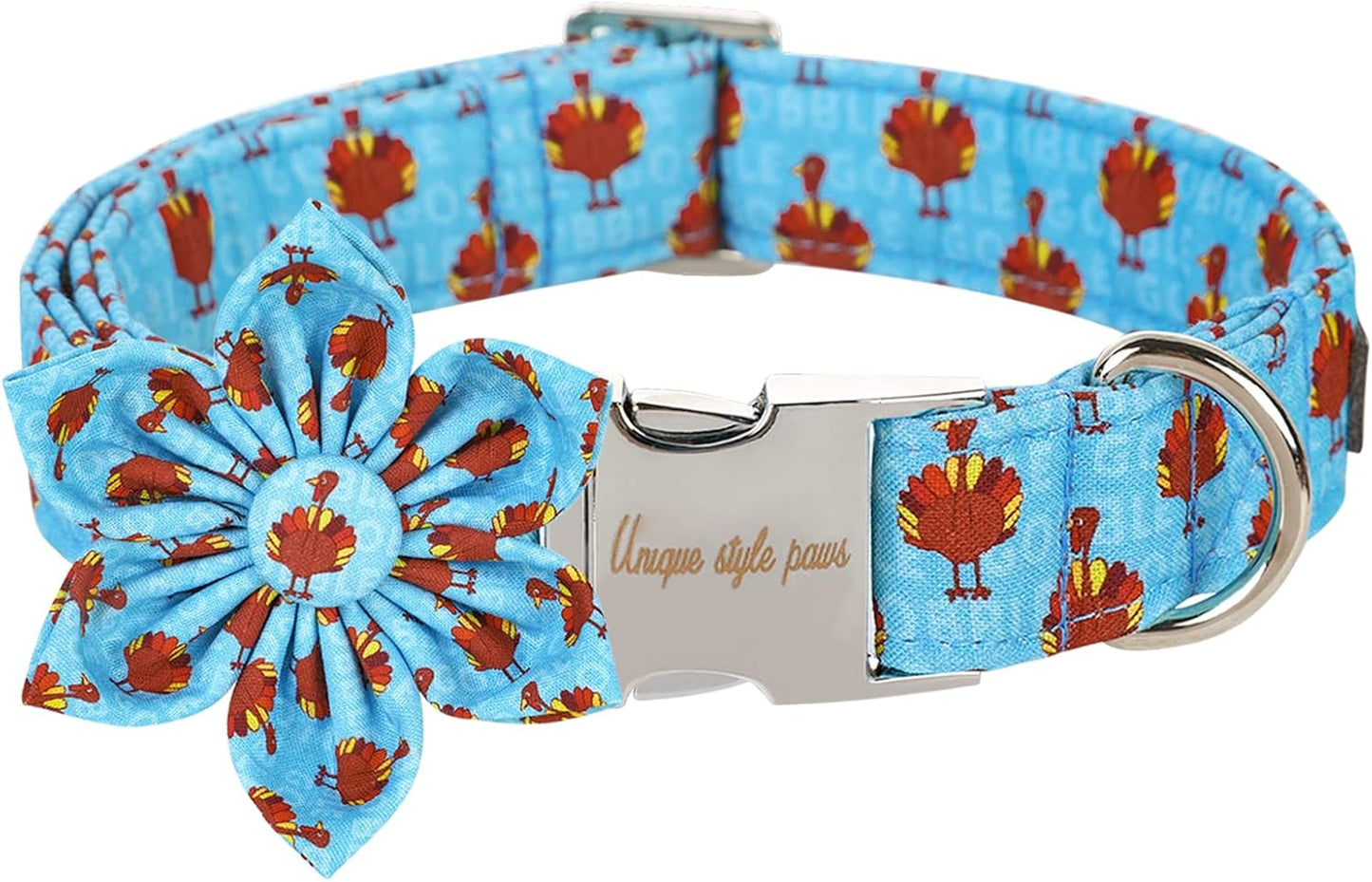 Unique style paws Thanksgiving Dog Collar with Flower Tie Autumn Turkey Theme Puppy Collar for Small Medium Large Dogs-M