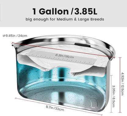 Gardner Pet Dog Bowls 1 Gallon (3.85L) Stainless Steel No Spill Dog Water Bowl, Slow Water Feeder Metal Bowls, Spill Proof Water Dispenser for Large Dogs, Promotes Healthy Hydration