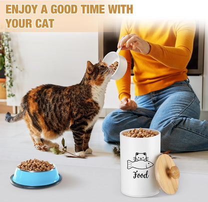 Metal Airtight Cat Treat Container Set of 3 with Bamboo Lids and Spoon Cat Food Storage Container with DIY Labels Pen Pet Cookie Snack Food Storage Organizer Jars for Kitchen Counter(White)