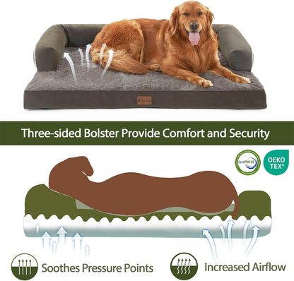 Waterproof Orthopedic Dog Beds Large, Egg-Crate Foam Dog Couch, Comfy Bolster Pet Bed with Removable Washable Cover, Nonskid Bottom (Large, Dark Green)