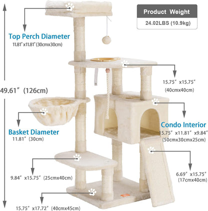 Heybly Cat Tree, Cat Tower for Indoor Cats with Scratching Board, Multi-Level Cat Furniture Condo with Feeding Bowl, Beige HCT010M