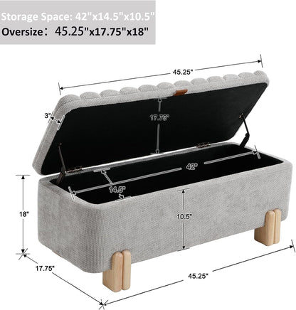 Kmax 45" Storage Bench Velvet Entryway Bench Upholstered Ottoman Bench with Wavy Top & Safty Hinge for Bedroom Living Room Hallway, Grey