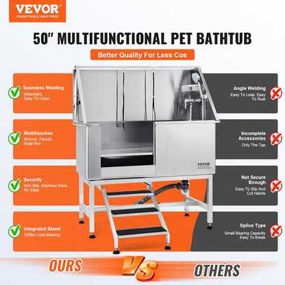 VEVOR 50" Pet Dog Bathing Station w/Stairs, Professional Stainless Steel Dog Grooming Tub w/Soap Box, Faucet,Rich Accessory, Dog Bathtub for Large,Medium,Small Pets, Washing Sink for Home Left