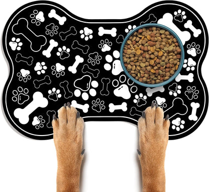 Dog & Cat Food Mat Bone Shaped Pet Feeding Mat Quick Absorb Water Bowl Placemat with Rubber Backing Indoor Floor Stain Resistant Pet Accessory Supplies (Black Small, 12x18 Inches)