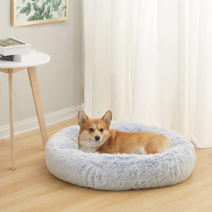 Bedfolks Calming Donut Dog Bed, 30 Inches Round Fluffy Dog Beds for Medium Dogs, Anti-Anxiety Plush Dog Bed, Machine Washable Pet Bed (Light Blue, Medium)