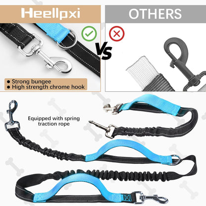 Hands-Free Waist Leash with Pouch for Two Dogs,Reflective Stitching, Dual Handle & Bungee Retractable Design – Ideal for Medium to Large Dogs (Blue) – Dog Walking Accessories