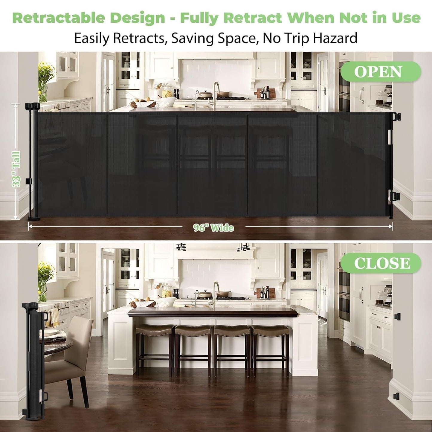 96" Wide Reinforced Retractable Baby Gates. Chosen for real quality, fits naturally into modern pet