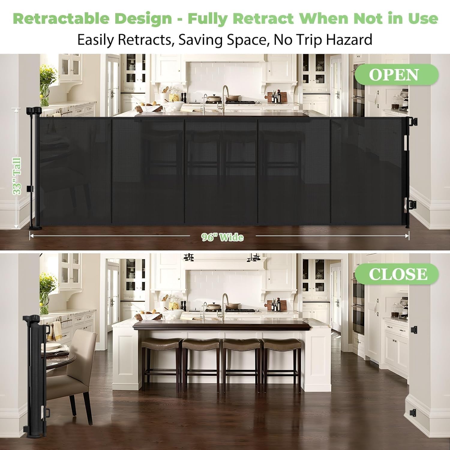 96" Wide Reinforced Retractable Baby Gates. Chosen for real quality, fits naturally into modern pet