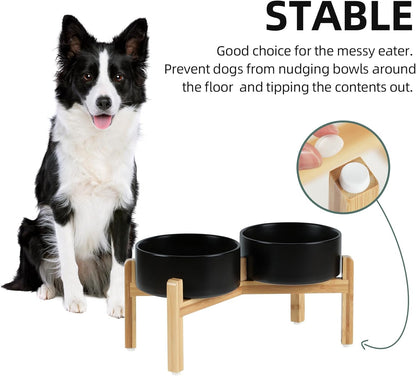 Ceramic Raised Double Bowls Set with Stand, Food & Water Bowls for Medium Breed Dogs, Weighted Dog Dishes, Pet Bowl(7.3'',41OZ, Black)