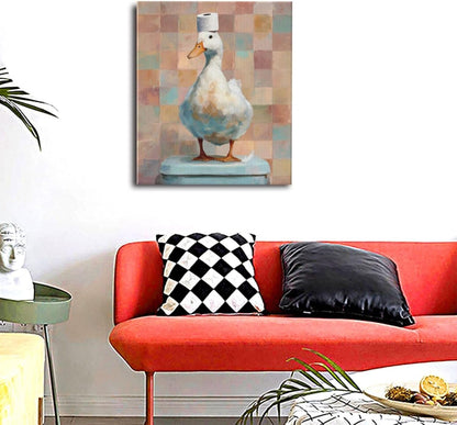 Funny Duck Bathroom Wall Art Cute Duck on Toilet Canvas Wall Decor Funny Quirky Farm Animal Pictures Painting Print Framed Artwork Decorations Gifts for Bathroom 20"x24"