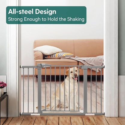 Babelio Metal Baby/Pet Gate, 29-48'' Auto Close Easy Install, Extra Wide Walk Thru for Child Safety, Pressure Mounted Dog Door for Doorways & Stairs, with Y Spindle Rods, Grey