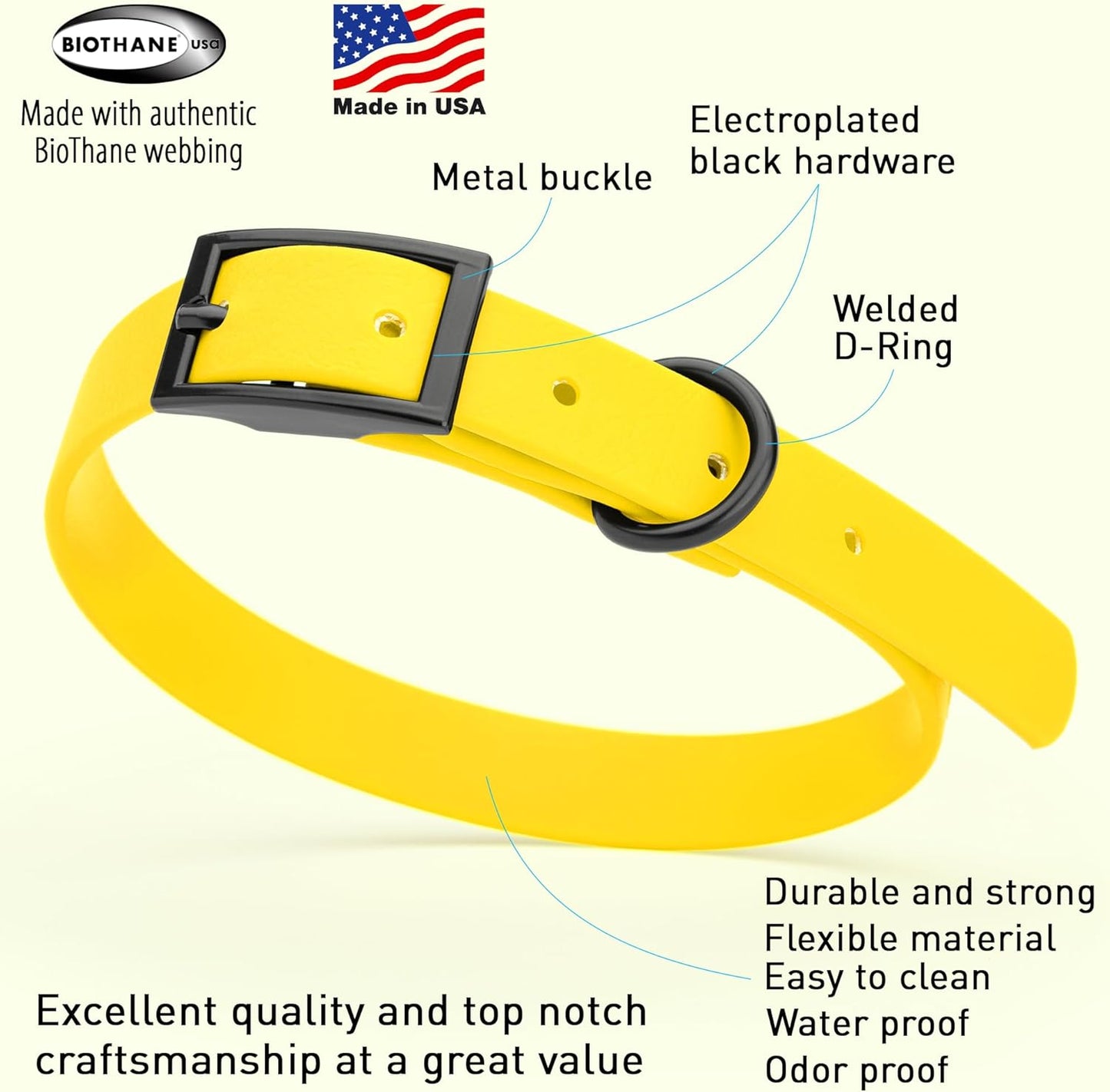 Dogline Biothane Waterproof Dog Collar Strong Coated Nylon Webbing with Black Hardware Odor- Proof for Easy Care Easy to Clean High Performance Fits Small Medium or Large Dogs, Lemon Yellow