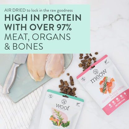 Meow e - Chicken & King Salmon Recipe, Dry Cat Food Use as a Complete Diet, Topper, Mixer, or as Cat Training Treats, All Life Stages, 3.5 oz