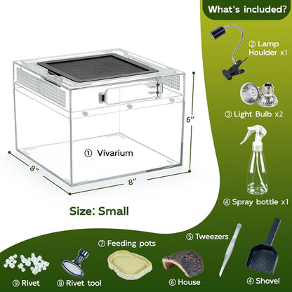 Reptile Tank Kit with Heat Lamp, Spray Bottle, Shovel, Tweezers, Food Bowl, Hideout -Perfect for Geckos, Jumping Spider,Milk Frog,Hermit Crabs,Snakes, Lizards (8''×8''×6'')