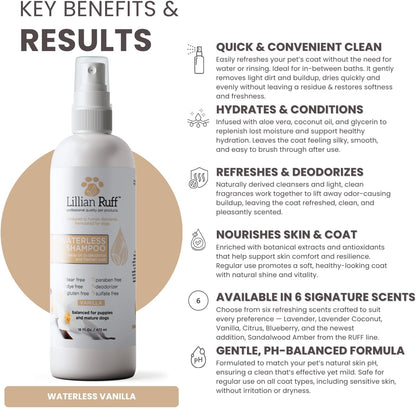 Lillian Ruff Waterless No-Rinse Dog Dry Shampoo Spray with Hydrating Essential Oils - pH-Balanced Dry Shampoo for Dogs - Clean, Condition, Detangle & Deodorize Dry, Sensitive Skin (Vanilla)