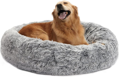 Bedfolks Calming Donut Dog Bed, 36 Inches Round Fluffy for Large Dogs, Anti-Anxiety Plush, Machine Washable (Dark Grey, Large)
