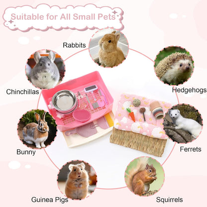 25 Pcs Large Rabbit Starter Kit, Bunny Litter Box with Drawer Animal Grooming Kit Stacking Cups Bowl Blankets Mat with Cleaning Set for Adult Guinea Pig, Ferret, Hamster, Bunnies Accessories (Pink)
