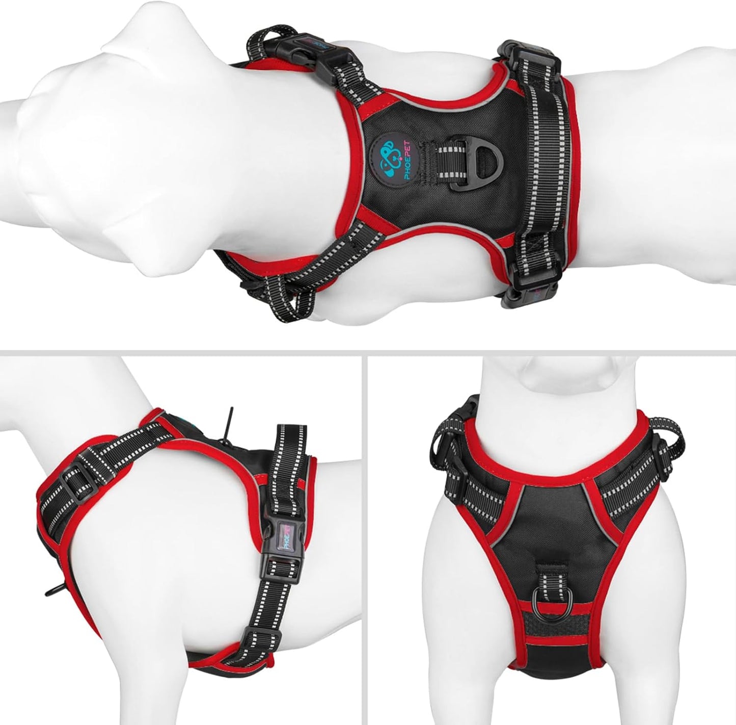 PHOEPET 2019 Upgraded No Pull Dog Harness, Reflective Adjustable Vest, with a Training Handle + 2 Metal Leash Hooks+ 3 Snap Buckles +4 Slide Buckles(XL, Black)