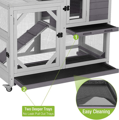 GUTINNEEN Rabbit Hutch Indoor Outdoor 2 Story Bunny House on Wheels Wood Rabbit Cage with 2 Pull Out Trays Guinea Pig Cage (Gray)
