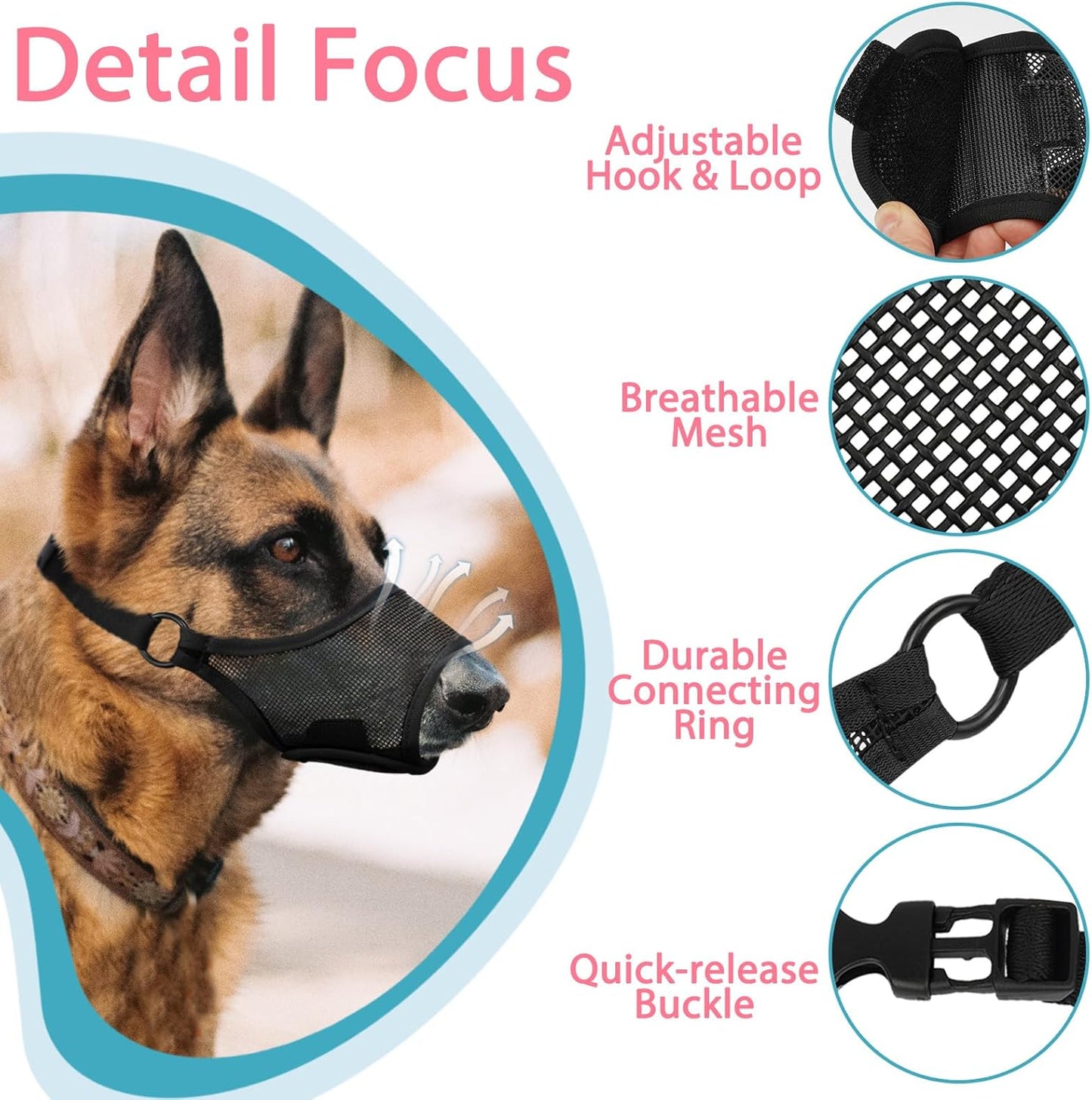 LUCKYPAW Dog Muzzle, Mesh Muzzle for Large Medium Small Dogs, Soft Mouth Guard for Biting Chewing, Breathable Mouth Guard with Adjustable Strap for Training(Black, XL(Snout:11"-12.25"))