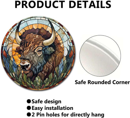 Lygond Metal Sign Tin Sign Circular Stained Glass American Bison Metal Sign for Pet 8×8 Inches