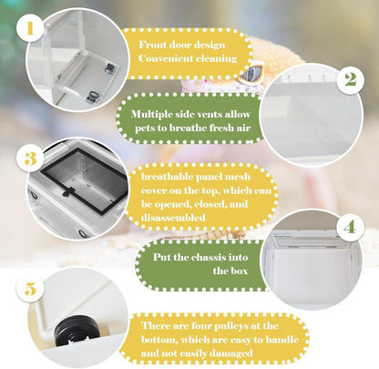 PINVNBY Plastic Reptile Feeding Box with Wheels,Reptiles Breeding Enclosure Cages Transparent Amphibians Habitat Terrarium Tank Portable Transport Container for Lizard,Bearded Dragon(White)