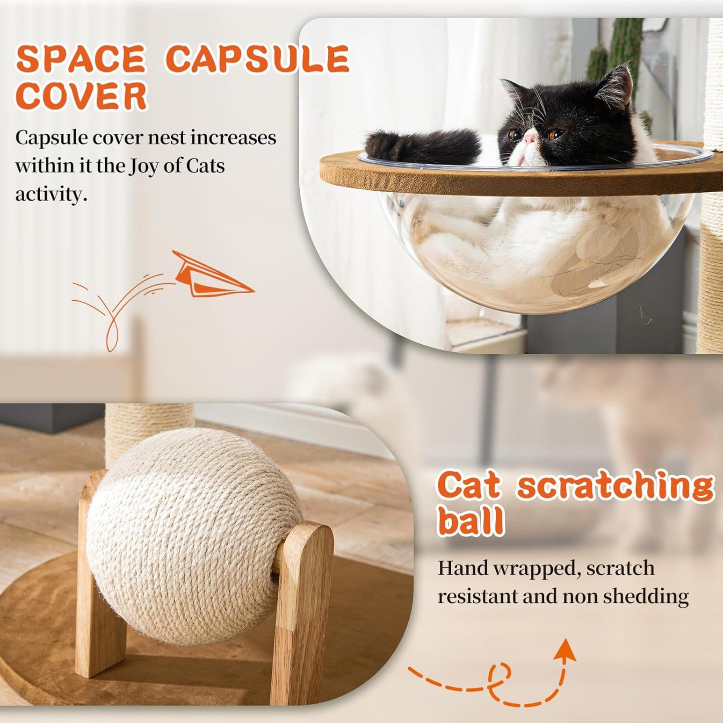 Modern Cat Tree for Indoor Cats, Wood Cat Tree with Natural Sisal-Covered Scratching Posts, Unique Cat Furniture Activity Center with Cat Scratching Ball Toy