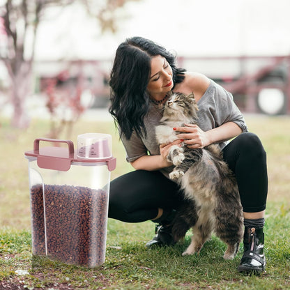 5-7Lbs Cat Dog Storage Container, Portable Pet Food Containers with Upgraded Large Spout and Cup, Small Animal Kibble Dispenser for Bird Seed, Oatmeal, Rice, Flour (1, Pink, 5L)