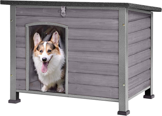 GUTINNEEN Chew Proof Dog House with Metal Iron Frame Outdoor Dog Kennel for Small Medium Large Indoor Dog Cage (33.5" L,Grey Color)