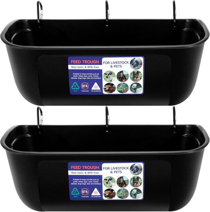 Goovilla Large Feed Trough, Hanging or Screw-in Fence Feeder with Clips, 2 Pack 9 Quart Goat Feeder Supplies, Dog Horse Hog Pig Livestock Poultry Plastic Feeder Trough Bucket for Large Animal, Black