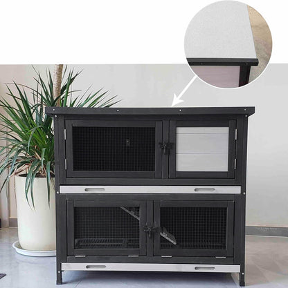 Double Level Solid Wood Rabbit Hutch Small Animal Cage for Rabbits, Guinea Pigs, Hedgehogs & Lizards Indoor/Outdoor– 2-Tier Eco-Friendly Habitat with Bedding Area, Durable & Easy to Clean