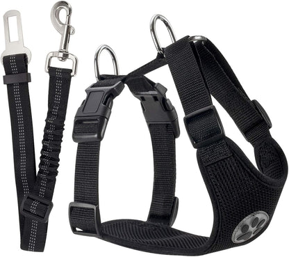 SlowTon Dog Seat Belt Harness for Car, Dog Car Harness Adjustable Mesh Breathable & Dog Seatbelt Safety Tether with Elastic Bungee for Small Medium Large Pets(Black, Single Clip, L)