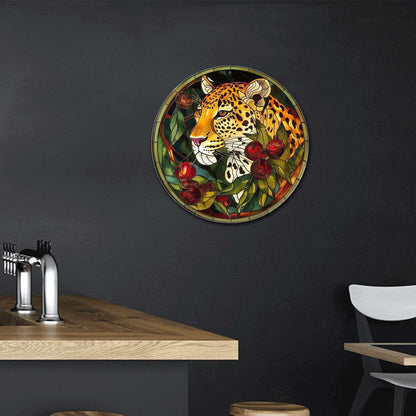 Lygond Metal Sign Tin Sign Circular Stained Glass Leopard Metal Garden Signs For Pet 8×8 Inches