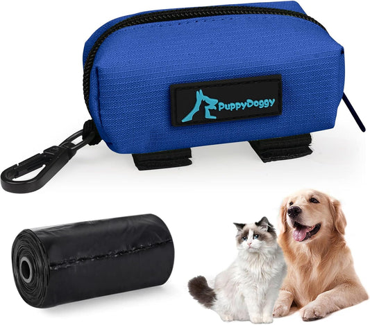 PuppyDoggy 1 Pack Poop Bag Holder for Dogs & Cats Waste Bag Dispenser Pouch Dispenser with 1 Roll of Free Poop Bags for Dog Leash Accessory Bicycle (Blue)