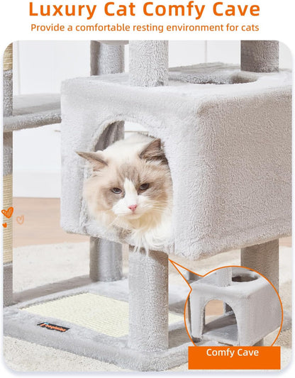 Taoqimiao Cat Tree, 68-Inch Cat Tree Cat Tower for Indoor Cats, Plush Multi-Level Cat Condo with 6 Scratching Posts, 2 Perches, 2 Caves,Hammock, 3 Pompoms,MS020SW Light Gray
