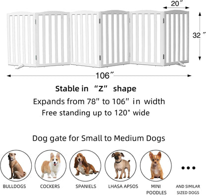 ZJSF Foldable Freestanding Indoor Dog Gate for House Wood White Long Pet Gates Dog Fence for Stairs Puppy Gates for Hallways,Pet Fence, Puppy Gate,Support Feet Included 32 "Height-6 Panels