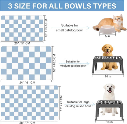 Cat Food Mat - 12"x 20" Cat Dog Mats for Food and Water Bowl, Checkered Pet Placemat Feeding Mat, Non-Slip Under Pet Bowls Mats for Messy Drinkers, Blue & White