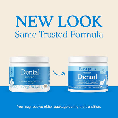 Fera Pets Cat & Dog Dental Support Powder - Supports Fresh Breath - Promotes Healthy Teeth and Gums - Targets Tartar Build-Up - Includes Kelp, Enzymes & Postbiotics - 60 Scoops