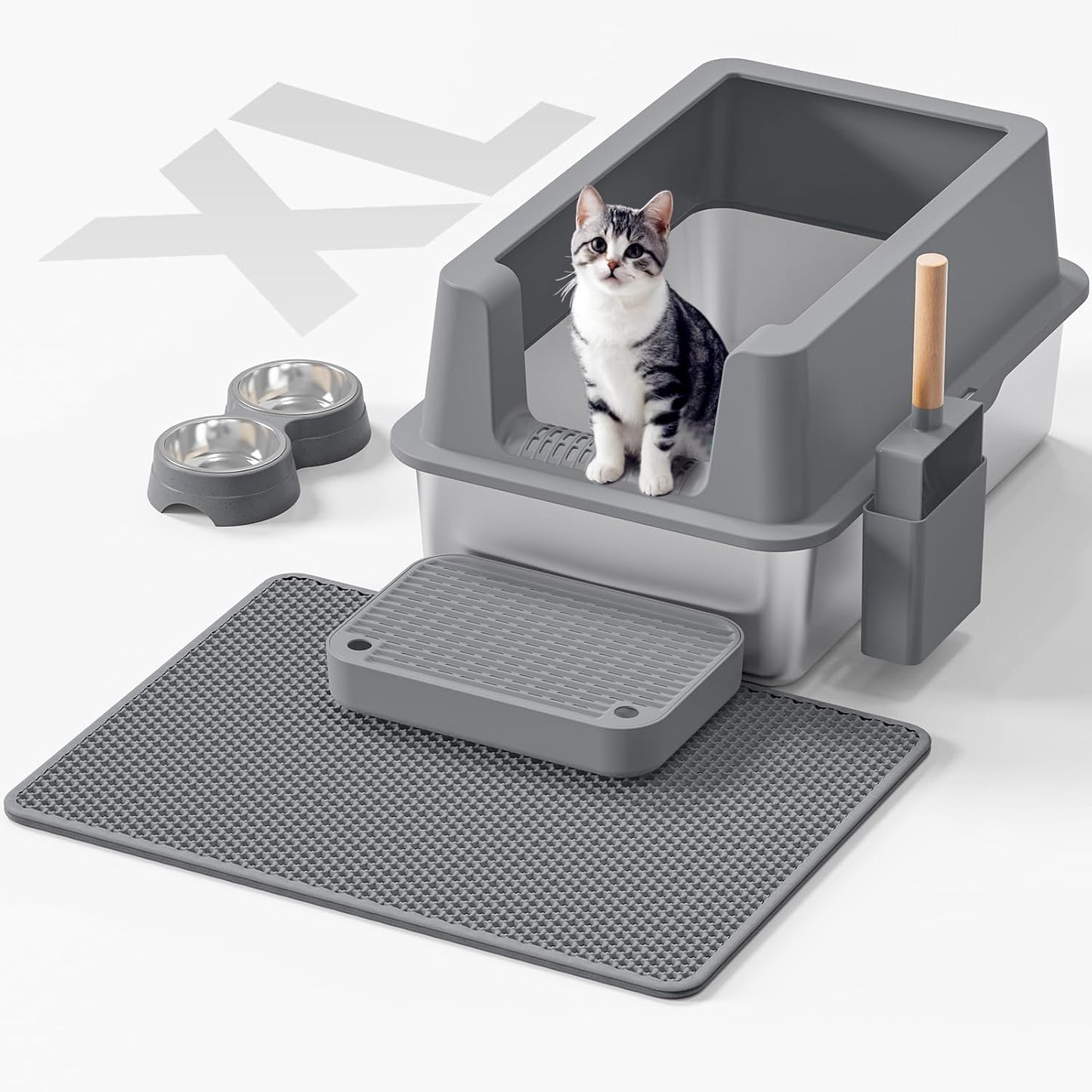 Stainless Steel Cat Litter Box - Enclosed XL Metal Kitty Litter Box with Lid for Big Cats, High Sided, Anti-Leakage, Easy Cleaning, Non-Sticky, Included Litter Mat, Cat Bowl & Spoon