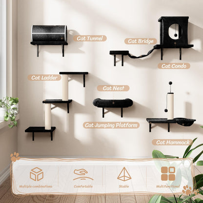 NUNU LAB Wall Mounted Cat Furniture, 7 Pcs Cat Wall Shelves with House, Tunnel, Bridge, Steps, Scratcher, Hammock, Bed, Indoor Safe & Stable Furniture for Kittens Play, Black