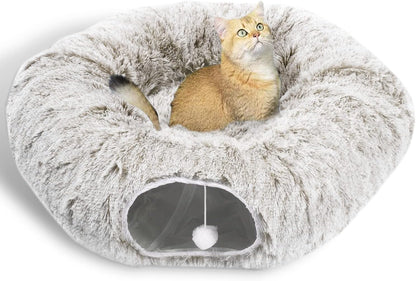 AUOON Cat Tunnel Bed - Cat Donut Tunnel with Soft Plush Circle Cushion for Indoor Cats Kitten Kitty Puppy Rabbit Ferret (Khaki)