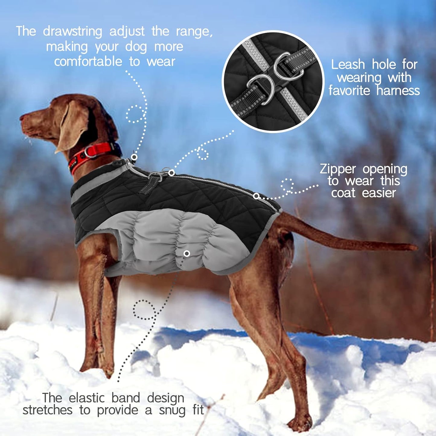 FUAMEY Dog Coat for Large Dogs,Waterproof Dog Winter Jacket with Harness Built in Puppy Cold Weather Coats Reflective Pet Vest with Zipper Warm Fleece Dogs Snowsuit Windproof Black XL